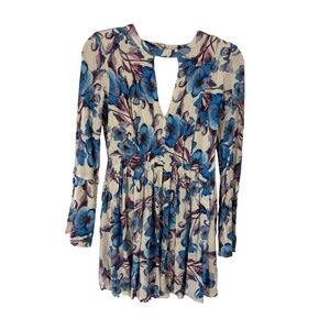 Free People Blue Floral Long Sleeve Keyhole Mini Dress Size 6 Boho festival fall